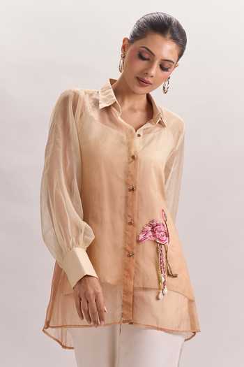 Shop Naintara Bajaj White Cotton, Organza, Silk Collared Hand Painted Flamingo Bird Shirt And Pant Set Online at Aza Fashions Shop_Naintara Bajaj_White Cotton, Organza, Silk Collared Hand Painted Flamingo Bird Shirt And Pant Set _Online_at_Aza_Fashions
