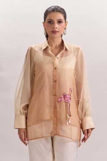 Naintara Bajaj White Cotton, Organza, Silk Collared Hand Painted Flamingo Bird Shirt And Pant Set at Aza Fashions Naintara Bajaj_White Cotton, Organza, Silk Collared Hand Painted Flamingo Bird Shirt And Pant Set _at_Aza_Fashions