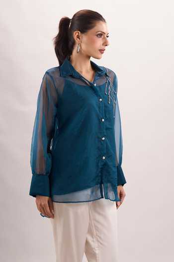 Buy_Naintara Bajaj_White Cotton, Organza, Silk Scoop Cutdana Placed Embroidered Shirt And Pant Set _Online_at_Aza_Fashions