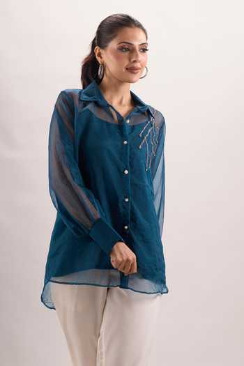 Naintara Bajaj_White Cotton, Organza, Silk Scoop Cutdana Placed Embroidered Shirt And Pant Set _at_Aza_Fashions