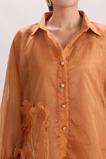 Naintara Bajaj White Cotton, Organza, Silk Collared Neck Floral 3d Embroidered Shirt And Pant Set Online at Aza Fashions Naintara Bajaj_White Cotton, Organza, Silk Collared Neck Floral 3d Embroidered Shirt And Pant Set _Online_at_Aza_Fashions