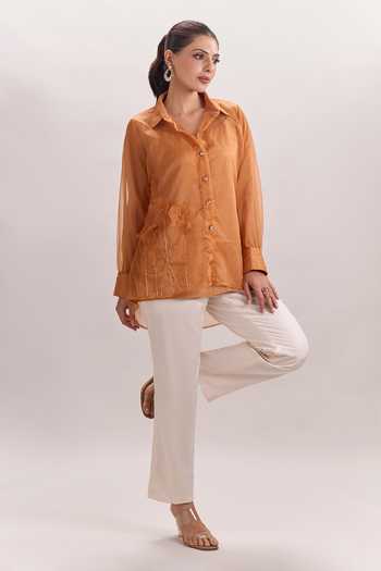 Buy Naintara Bajaj White Cotton, Organza, Silk Collared Neck Floral 3d Embroidered Shirt And Pant Set Online at Aza Fashions Buy_Naintara Bajaj_White Cotton, Organza, Silk Collared Neck Floral 3d Embroidered Shirt And Pant Set _Online_at_Aza_Fashions