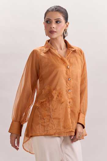 Naintara Bajaj White Cotton, Organza, Silk Collared Neck Floral 3d Embroidered Shirt And Pant Set at Aza Fashions Naintara Bajaj_White Cotton, Organza, Silk Collared Neck Floral 3d Embroidered Shirt And Pant Set _at_Aza_Fashions