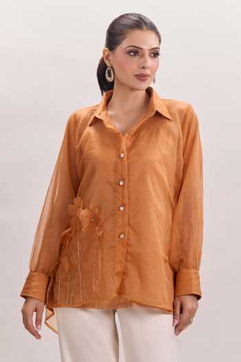 Buy Naintara Bajaj White Cotton, Organza, Silk Collared Neck Floral 3d Embroidered Shirt And Pant Set Buy_Naintara Bajaj_White Cotton, Organza, Silk Collared Neck Floral 3d Embroidered Shirt And Pant Set