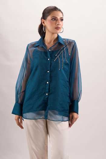 Buy_Naintara Bajaj_White Cotton, Organza, Silk Scoop Cutdana Placed Embroidered Shirt And Pant Set 