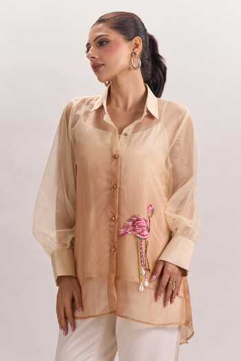 Buy Naintara Bajaj White Cotton, Organza, Silk Collared Hand Painted Flamingo Bird Shirt And Pant Set Buy_Naintara Bajaj_White Cotton, Organza, Silk Collared Hand Painted Flamingo Bird Shirt And Pant Set
