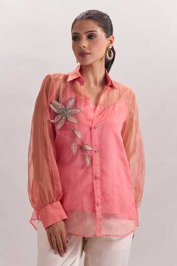 Naintara Bajaj White Cotton, Organza, Silk Collared Neck 3d Floral Embroidered Shirt And Pant Set at Aza Fashions Naintara Bajaj_White Cotton, Organza, Silk Collared Neck 3d Floral Embroidered Shirt And Pant Set _at_Aza_Fashions
