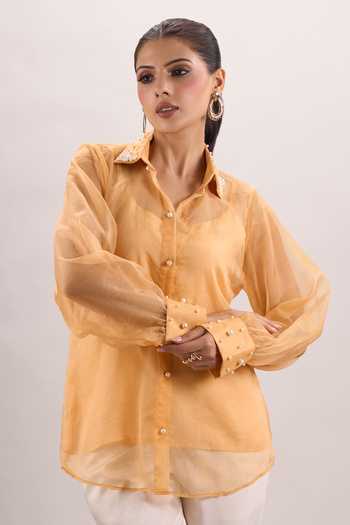 Naintara Bajaj_White Cotton, Organza, Silk Scoop Golden Sunrise Embroidered Shirt And Pant Set _at_Aza_Fashions