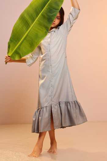 OurDve_Grey Linen Seafoam Embroidered Collar Dress _at_Aza_Fashions
