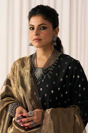 Five Point Five Black Chanderi Keyhole Neck, Yes Noor Woven Kurta Set at Aza Fashions Five Point Five_Black Chanderi Keyhole Neck, Yes Noor Woven Kurta Set _at_Aza_Fashions