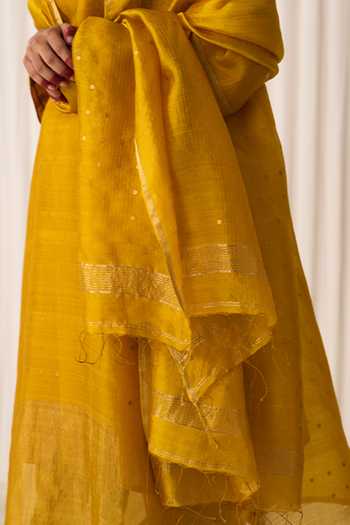 Shop_Five Point Five_Yellow Silk Square Neck Farah Woven Kurta Set _Online_at_Aza_Fashions