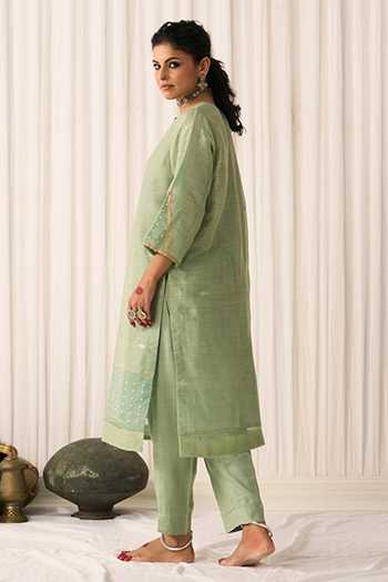 Shop Five Point Five Green Silk, Linen, Organza Split V-neck, Yes Bhumi Woven Kurta Set at Aza Fashions Shop_Five Point Five_Green Silk, Linen, Organza Split V-neck, Yes Bhumi Woven Kurta Set _at_Aza_Fashions