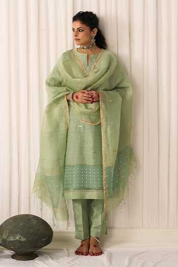 Shop Five Point Five Green Silk, Linen, Organza Split V-neck, Yes Bhumi Woven Kurta Set Online at Aza Fashions Shop_Five Point Five_Green Silk, Linen, Organza Split V-neck, Yes Bhumi Woven Kurta Set _Online_at_Aza_Fashions
