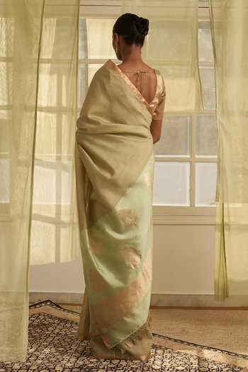 Shop Five Point Five Green Tussar Amoha Mashru Pallu Saree With Running Blouse at Aza Fashions Shop_Five Point Five_Green Tussar Amoha Mashru Pallu Saree With Running Blouse _at_Aza_Fashions