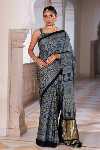 Geroo Jaipur Ajrakh Modal Silk Saree Set 