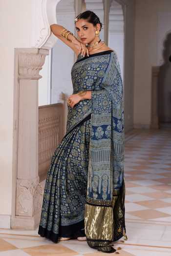 Geroo Jaipur Blue Modal, Silk Round Neck Ajrakh Saree Set Online at Aza Fashions Geroo Jaipur_Blue Modal, Silk Round Neck Ajrakh Saree Set _Online_at_Aza_Fashions
