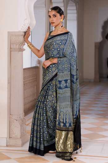 Buy Geroo Jaipur Blue Modal, Silk Round Neck Ajrakh Saree Set Online at Aza Fashions Buy_Geroo Jaipur_Blue Modal, Silk Round Neck Ajrakh Saree Set _Online_at_Aza_Fashions