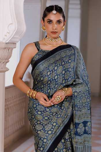 Shop Geroo Jaipur Blue Modal, Silk Round Neck Ajrakh Saree Set Online at Aza Fashions Shop_Geroo Jaipur_Blue Modal, Silk Round Neck Ajrakh Saree Set _Online_at_Aza_Fashions