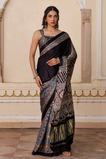 Geroo Jaipur Ajrakh Print Modal Silk Saree Set 