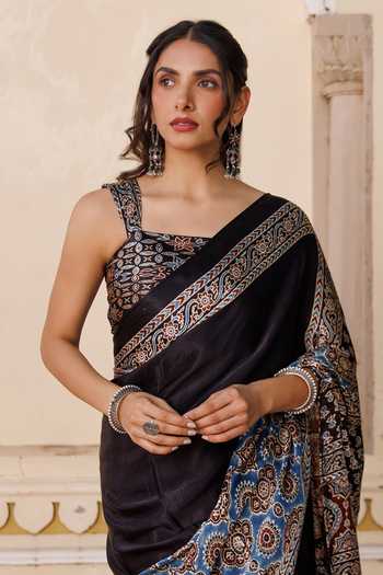 Geroo Jaipur Black Silk, Modal Square Neck Ajrakh Print Saree Set Online at Aza Fashions Geroo Jaipur_Black Silk, Modal Square Neck Ajrakh Print Saree Set _Online_at_Aza_Fashions
