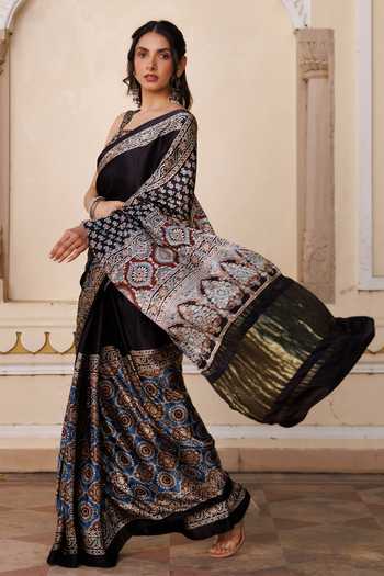 Shop Geroo Jaipur Black Silk, Modal Square Neck Ajrakh Print Saree Set Online at Aza Fashions Shop_Geroo Jaipur_Black Silk, Modal Square Neck Ajrakh Print Saree Set _Online_at_Aza_Fashions