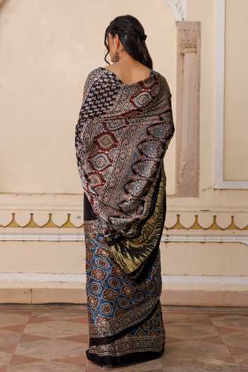 Geroo Jaipur Ajrakh Print Modal Silk Saree Set 
