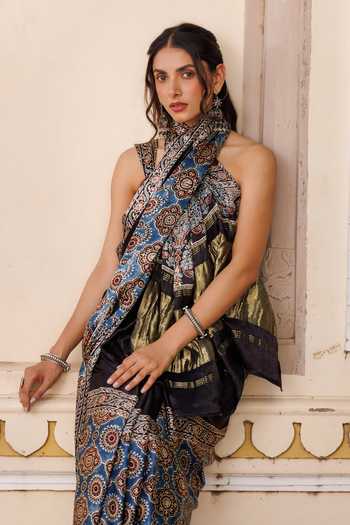 Geroo Jaipur Black Silk, Modal Square Neck Ajrakh Print Saree Set at Aza Fashions Geroo Jaipur_Black Silk, Modal Square Neck Ajrakh Print Saree Set _at_Aza_Fashions