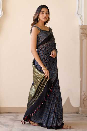 Geroo Jaipur Blue Silk, Modal One Shoulder Ajrakh Print Saree Set Online at Aza Fashions Geroo Jaipur_Blue Silk, Modal One Shoulder Ajrakh Print Saree Set _Online_at_Aza_Fashions