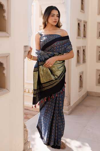 Buy Geroo Jaipur Blue Silk, Modal One Shoulder Ajrakh Print Saree Set Online at Aza Fashions Buy_Geroo Jaipur_Blue Silk, Modal One Shoulder Ajrakh Print Saree Set _Online_at_Aza_Fashions