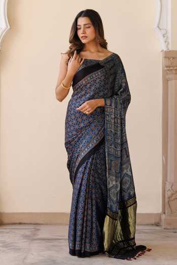 Shop Geroo Jaipur Blue Silk, Modal One Shoulder Ajrakh Print Saree Set Online at Aza Fashions Shop_Geroo Jaipur_Blue Silk, Modal One Shoulder Ajrakh Print Saree Set _Online_at_Aza_Fashions