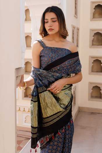 Geroo Jaipur Blue Silk, Modal One Shoulder Ajrakh Print Saree Set at Aza Fashions Geroo Jaipur_Blue Silk, Modal One Shoulder Ajrakh Print Saree Set _at_Aza_Fashions