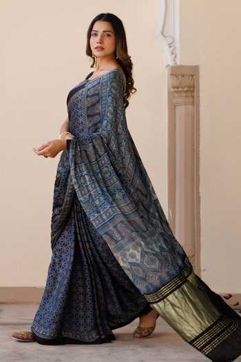 Buy Geroo Jaipur Blue Silk, Modal One Shoulder Ajrakh Print Saree Set Buy_Geroo Jaipur_Blue Silk, Modal One Shoulder Ajrakh Print Saree Set