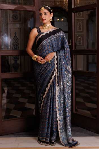 Geroo Jaipur_Blue Silk, Modal Ajrakh Saree Set _Online_at_Aza_Fashions