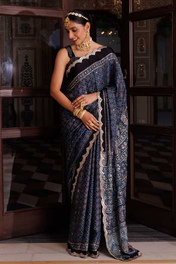 Buy_Geroo Jaipur_Blue Silk, Modal Ajrakh Saree Set _Online_at_Aza_Fashions