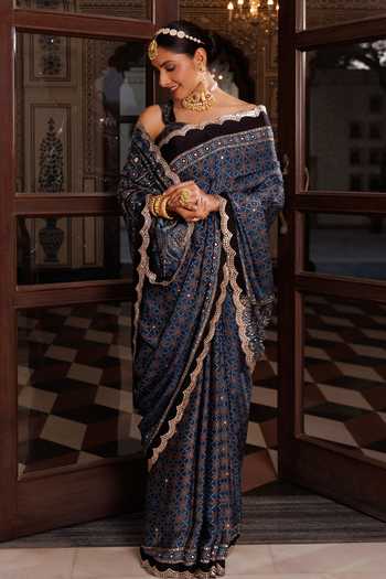 Shop_Geroo Jaipur_Blue Silk, Modal Ajrakh Saree Set _Online_at_Aza_Fashions