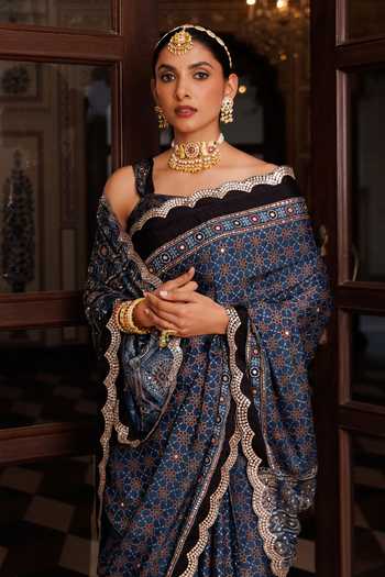 Geroo Jaipur_Blue Silk, Modal Ajrakh Saree Set _at_Aza_Fashions