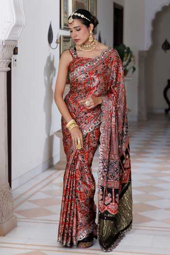 Geroo Jaipur Maroon Silk, Modal Square Neck Ajrakh Print Saree Set Online at Aza Fashions Geroo Jaipur_Maroon Silk, Modal Square Neck Ajrakh Print Saree Set _Online_at_Aza_Fashions