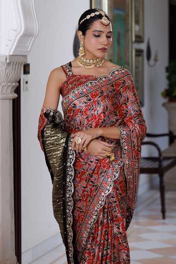 Shop Geroo Jaipur Maroon Silk, Modal Square Neck Ajrakh Print Saree Set Online at Aza Fashions Shop_Geroo Jaipur_Maroon Silk, Modal Square Neck Ajrakh Print Saree Set _Online_at_Aza_Fashions