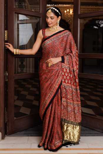 Geroo Jaipur_Maroon Silk, Modal Ajrakh Saree Set _Online_at_Aza_Fashions