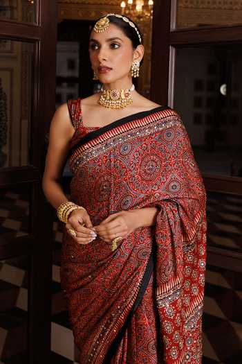 Shop_Geroo Jaipur_Maroon Silk, Modal Ajrakh Saree Set _Online_at_Aza_Fashions
