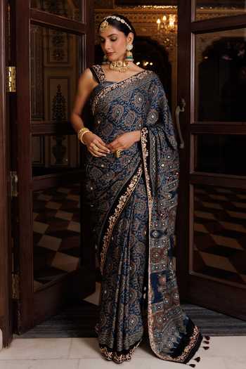 Geroo Jaipur Blue Silk, Modal Square Neck Ajrakh Floral Print Saree Set Online at Aza Fashions Geroo Jaipur_Blue Silk, Modal Square Neck Ajrakh Floral Print Saree Set _Online_at_Aza_Fashions