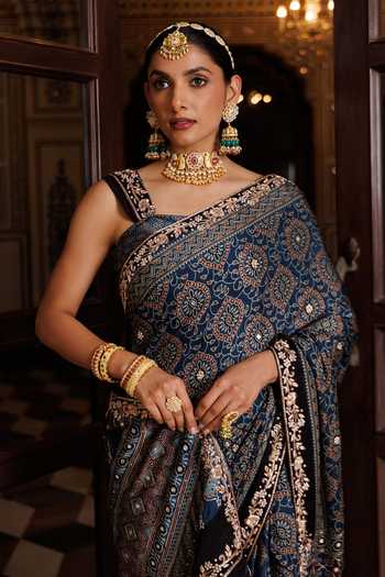 Buy Geroo Jaipur Blue Silk, Modal Square Neck Ajrakh Floral Print Saree Set Online at Aza Fashions Buy_Geroo Jaipur_Blue Silk, Modal Square Neck Ajrakh Floral Print Saree Set _Online_at_Aza_Fashions