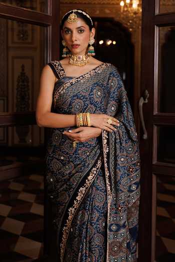 Shop Geroo Jaipur Blue Silk, Modal Square Neck Ajrakh Floral Print Saree Set Online at Aza Fashions Shop_Geroo Jaipur_Blue Silk, Modal Square Neck Ajrakh Floral Print Saree Set _Online_at_Aza_Fashions