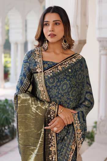 Geroo Jaipur Blue Silk, Modal Round Neck Ajrakh Printed Saree Set Online at Aza Fashions Geroo Jaipur_Blue Silk, Modal Round Neck Ajrakh Printed Saree Set _Online_at_Aza_Fashions
