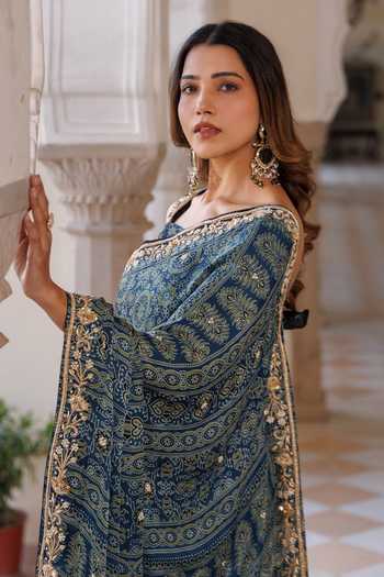 Buy Geroo Jaipur Blue Silk, Modal Round Neck Ajrakh Printed Saree Set Online at Aza Fashions Buy_Geroo Jaipur_Blue Silk, Modal Round Neck Ajrakh Printed Saree Set _Online_at_Aza_Fashions