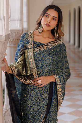 Shop Geroo Jaipur Blue Silk, Modal Round Neck Ajrakh Printed Saree Set Online at Aza Fashions Shop_Geroo Jaipur_Blue Silk, Modal Round Neck Ajrakh Printed Saree Set _Online_at_Aza_Fashions
