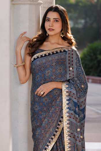 Buy Geroo Jaipur Blue Silk, Modal Ajrakh Saree Set Online at Aza Fashions Buy_Geroo Jaipur_Blue Silk, Modal Ajrakh Saree Set _Online_at_Aza_Fashions