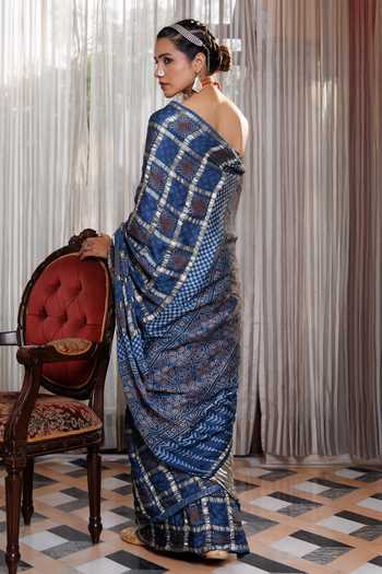 Shop Geroo Jaipur Blue Silk, Modal Ajrakh Saree Set at Aza Fashions Shop_Geroo Jaipur_Blue Silk, Modal Ajrakh Saree Set _at_Aza_Fashions