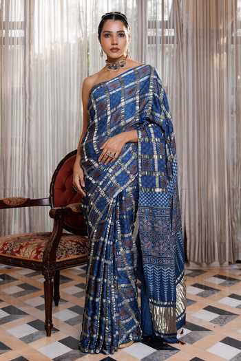 Buy Geroo Jaipur Blue Silk, Modal Ajrakh Saree Set Online at Aza Fashions Buy_Geroo Jaipur_Blue Silk, Modal Ajrakh Saree Set _Online_at_Aza_Fashions