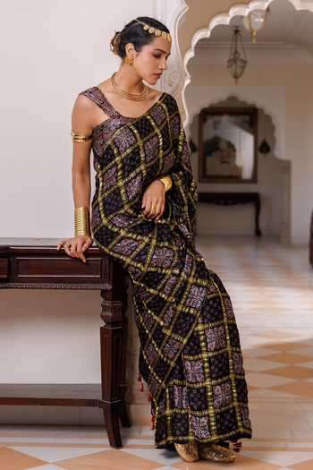 Geroo Jaipur Black Silk, Modal One Shoulder Ajrakh Print Saree Set Online at Aza Fashions Geroo Jaipur_Black Silk, Modal One Shoulder Ajrakh Print Saree Set _Online_at_Aza_Fashions